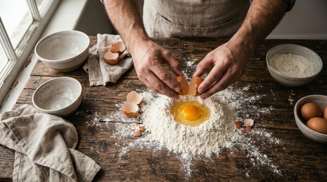 Male hands cracking an egg yolk into a pile of white flour on a wooden table.