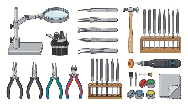 Set of professional jewelry making tools and equipment for goldsmithing and watch repair.