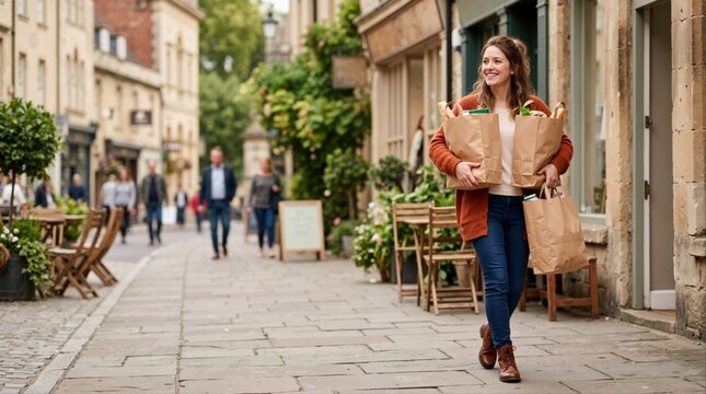 Smiling woman walking down a city street holding paper grocery bags. Female shopper carrying fresh food from a local market. Sustainable living and errand concept