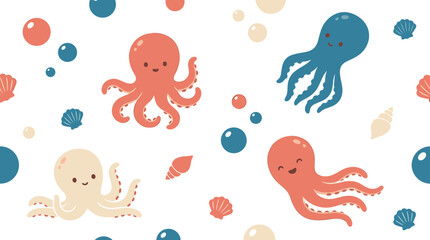 Obraz premium Cute octopus seamless pattern vector with cartoon sea animals seashells and bubbles for kids fabric and wallpaper design