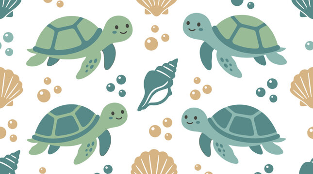 Seamless pattern with cute cartoon sea turtles and seashells for nursery decor and textile design