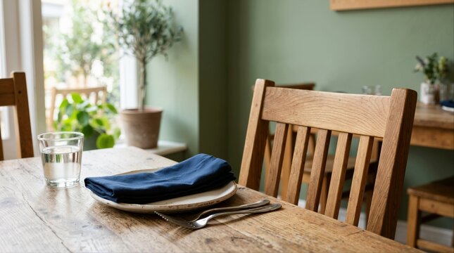 Table setting with wooden chair, ceramic plate, folded blue napkin, and glass of water. Rustic dining table arrangement in a restaurant or home interior