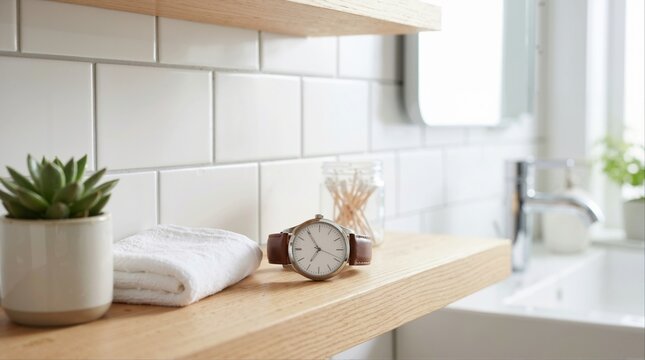 Men wristwatch on a wooden bathroom shelf. Analog watch with leather strap beside folded towel and tile wall