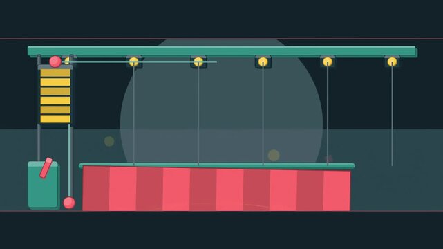 Abstract animated stage fly balancing on its counterweight drawn as cyan and teal lines and shapes on a deep dark background. Seamless looping 4K motion graphics video with free space for text, ideal 
