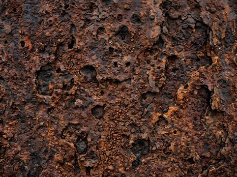 Close up texture of weathered volcanic rock with porous formations and earthy tones