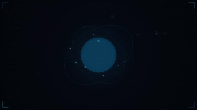 A futuristic seamless looping background featuring an atomlike design with orbiting elements on a dark backdrop.