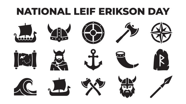 National Leif Erikson Day viking icon set, 15 black silhouette Norse symbols, medieval warrior and longship eps vector collection