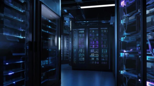 Data Center Server Room with Blue Lighting, Secure Network Equipment, and Modern Racks