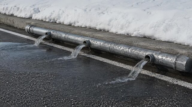 Roadside Snow Melting System Discharging Water Beside Snowbank