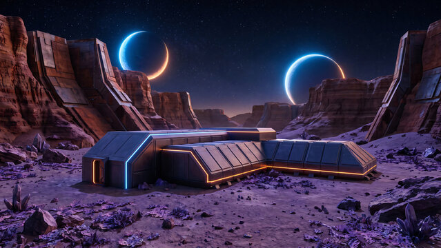Futuristic scientific research outpost on a rocky alien planet with two glowing planetary rings