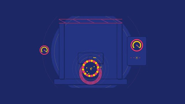 Abstract animated bearing press fitting together drawn as blue and cyan lines and shapes on a deep dark background. Seamless looping 4K motion graphics video with free space for text, ideal for indust