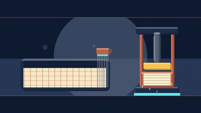 Abstract animated curd cutting cheese pressing drawn as blue and cyan lines and shapes on a deep dark background. Seamless looping 4K motion graphics video with free space for text, ideal for industry