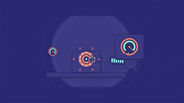Abstract animated torque wrench being calibrated drawn as blue and cyan lines and shapes on a deep dark background. Seamless looping 4K motion graphics video with free space for text, ideal for indust