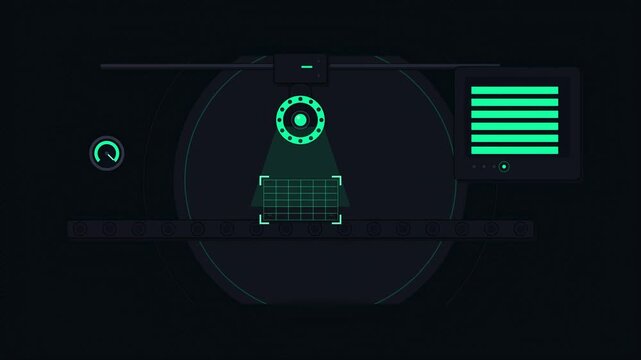 Abstract animated machine vision inspecting drawn as green and teal lines and shapes on a deep dark background. Seamless looping 4K motion graphics video with free space for text, ideal for industry e