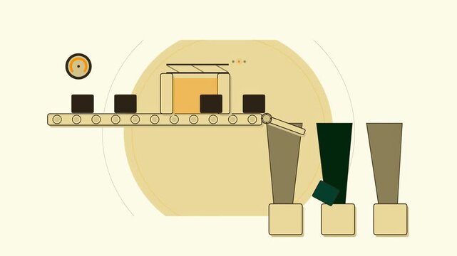 Abstract animated parcel sorting chute drawn as yellow and gold lines and shapes on a bright, clean light background. Seamless looping 4K motion graphics video with free space for text, ideal for indu