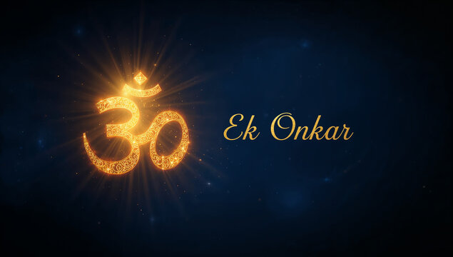 Glowing golden om symbol and ek onkar text against dark background with spiritual typography religion meditation hinduism background tradition spirituality enlightenment tranquility divinity