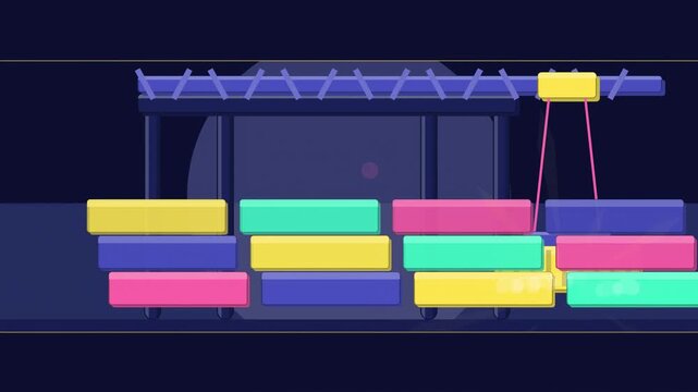 Abstract animated ship to shore crane drawn as blue and cyan lines and shapes on a deep dark background. Seamless looping 4K motion graphics video with free space for text, ideal for industry explaine