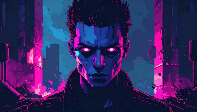 Futuristic portrait of man in purple neon urban environment.