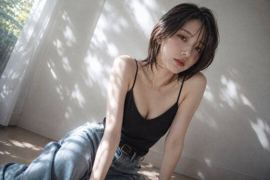 窓辺の床に座る黒いトップスの女性のポートレート