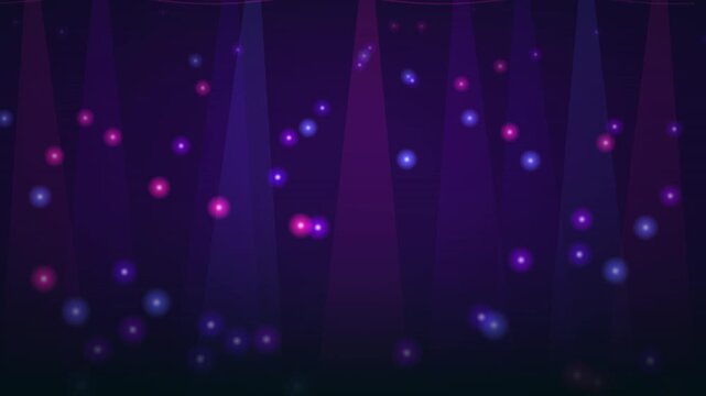 Seamless looping background featuring glowing purple and blue bokeh lights under dramatic spotlights