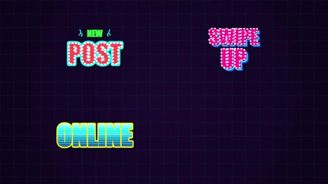 Retro neon social media stickers, animated swipe up and new post text elements, vibrant 80s style motion graphics for digital marketing