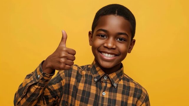 African Child Smile and Boy Giving Thumbs Up in Plaid Shirt Against Warm Yellow Background