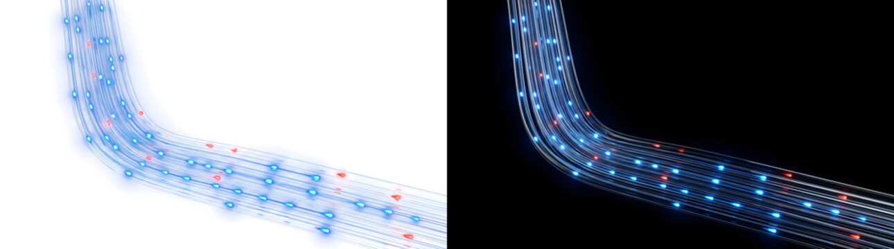 Bending fiber cables curve downward showing scattered glowing blue and red light dots for technology design in PNG, Transparent and Black Background Versions