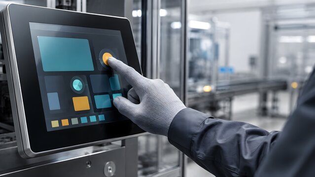 Factory Technician Operating an Industrial Touchscreen Control Panel, Smart Manufacturing Automation and Industry 4.0 Concept