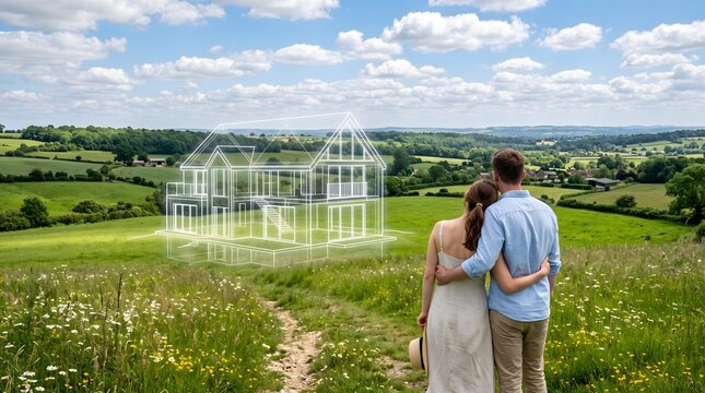 Two people envisioning a transparent architectural house outline in scenic countryside, symbolizing future home planning, dreams, and sustainable living