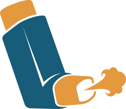 Graphic illustration of a two tone inhaler dispensing medication for respiratory relief and wellness support