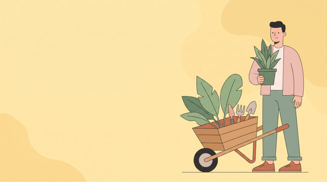 Handsome Young Man with Potted Plant and Wheelbarrow
