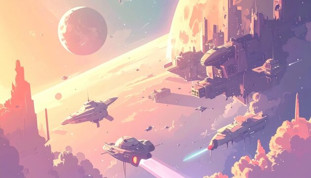 Futuristic spaceships orbiting a celestial station above pink clouds.