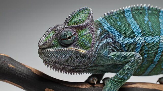 Close-up chameleon changing color green to purple on branch. Reptile skin texture transformation studio shot. Camouflage adaptation concept
