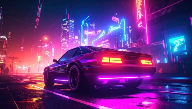 Futuristic sports car on neon lit city road.