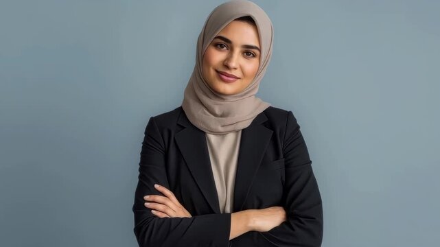 Muslim Professional Woman in Hijab and Blazer Portrait with Folded Arms Posing Confidently