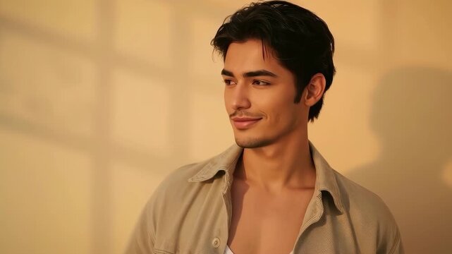 Young Adult Male in Casual Beige Shirt Looking Aside by Sunlit Wall Indoors in Warm Light