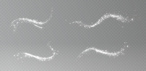 White glowing wave with sparkling particles, luminous swirl trails and shimmering dust, transparent PNG overlay for elegant festive and luxury designs. © Andrey