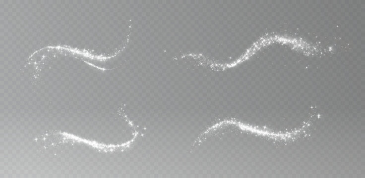 White glowing wave with sparkling particles, luminous swirl trails and shimmering dust, transparent PNG overlay for elegant festive and luxury designs.