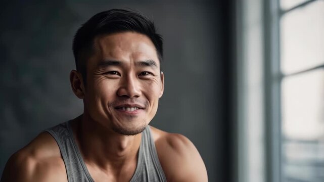 Smiling Asian Man Portrait in Sleeveless Shirt Near Bright Window Indoors Cheerful Expression