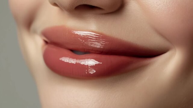 Glossy Pink Lip Closeup Beauty Portrait with Smooth Makeup and Natural Skin Texture of Female Mouth