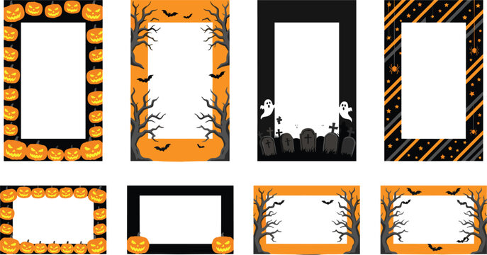 Vertical and horizontal Halloween frames collection with spooky cartoon layouts perfect for mobile wallpapers instagram stories and festive invitation cards