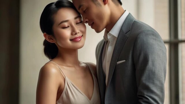 Asian Couple Romantic Portrait with Adult Man and Woman in Gray Suit Embracing Tenderly Indoors