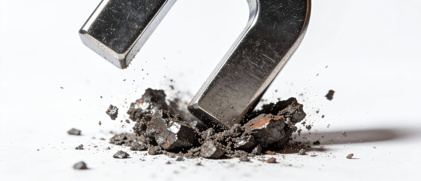 Horseshoe magnet attracting raw iron ore pieces on white background