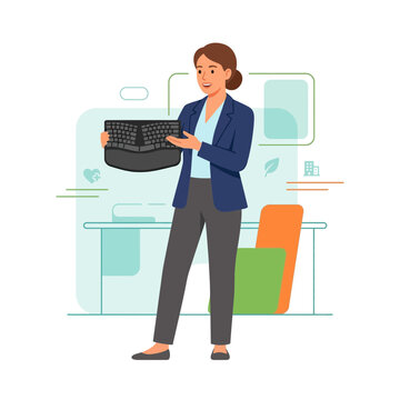 Businesswoman presenting ergonomic keyboard for healthy work posture and office wellness