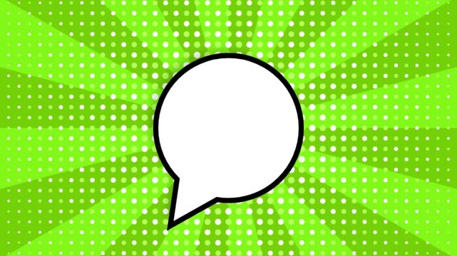 Comic book speech bubble on green halftone background. Pop art sunburst animation with blank white talk cloud. Retro cartoon video loop.