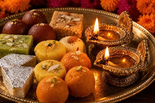 Colorful Indian mithai and glowing diyas on ornate brass tray with vivid marigolds