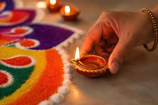 Hand placing a glowing diya beside colorful rangoli during an intimate Diwali celebration
