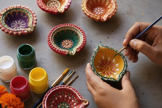 Artisan hand painting colorful clay diyas for traditional Diwali festival decorations at workshop