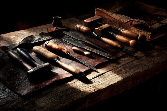 Vintage Leathercraft Tools on Rustic Wooden Workbench