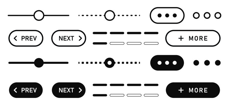 Web site UI navigation button and adjustment slider vector icon set featuring previous next controls pagination and option menu elements for mobile application design